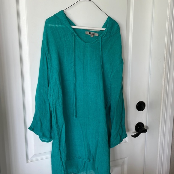 Flax Tops - EUC Flax teal green 100% linen, long sleeve, hooded tunic, size large
